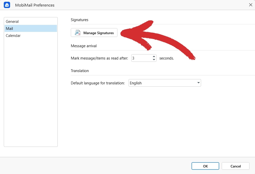 MobiMail Preferences window with "Mail" tab selected and "Manage Signatures" button highlighted with red arrow.
