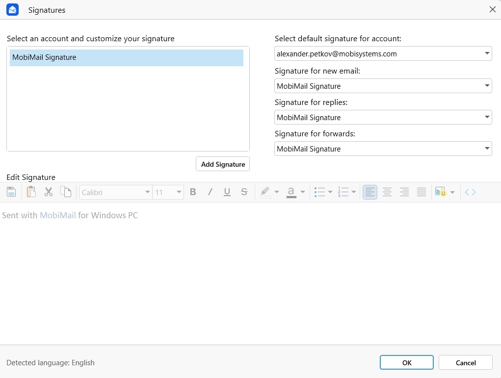 MobiMail email signature settings interface showing the available customization options.