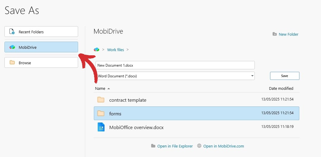 MobiDrive save dialog highlighting the 'MobiDrive' location and displaying the 'Work files' folder contents, with options to save the new document as 'New Document 1.docx'.