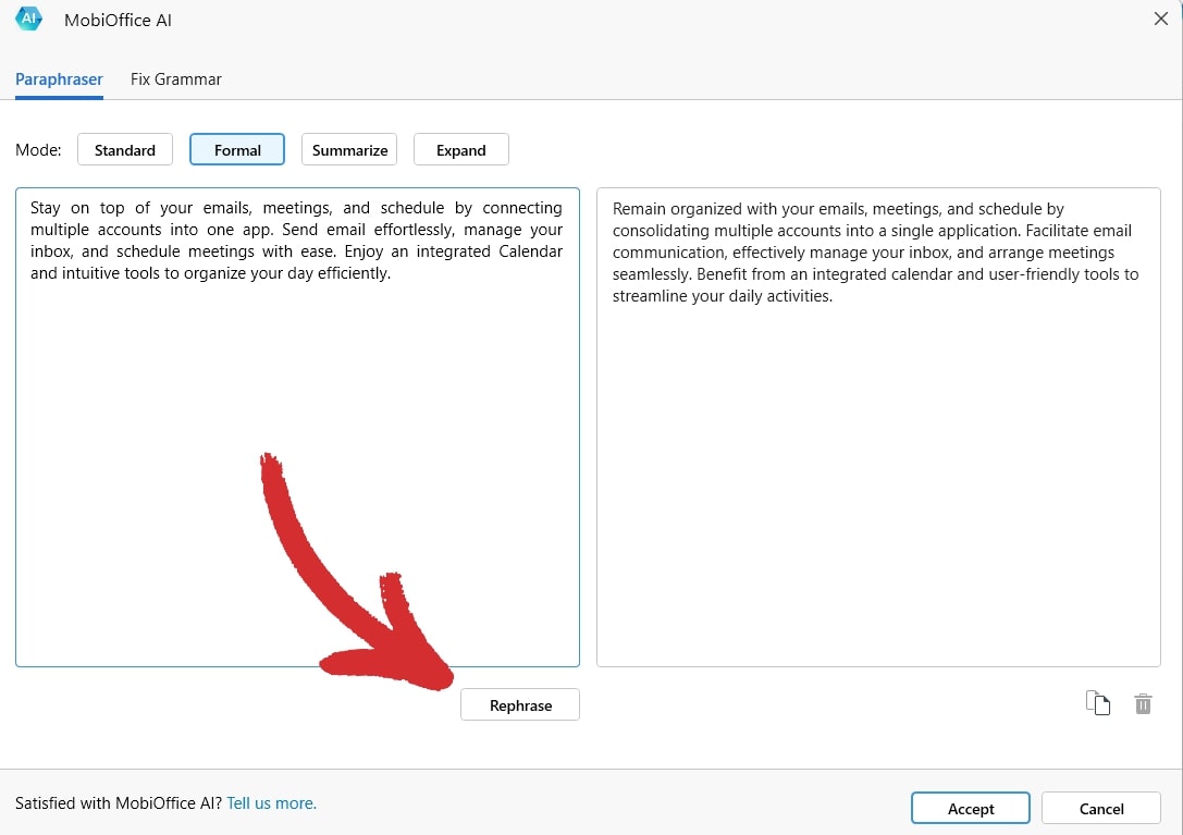 MobiOffice AI paraphraser interface showing standard text and formal rewrite options, as well as summarize and expand text, with a Rephrase button highlighted.