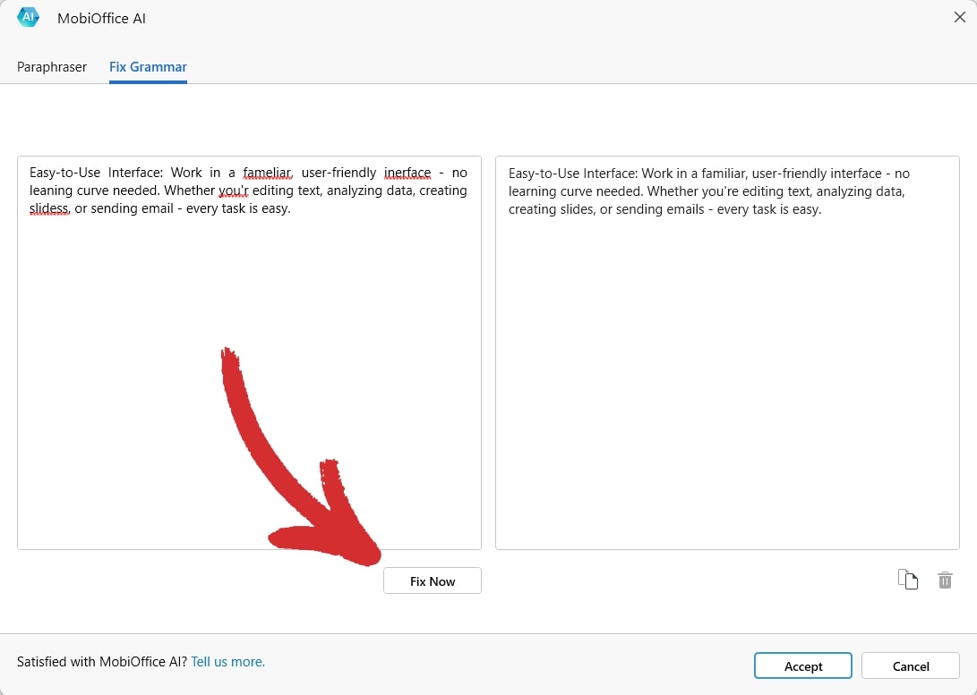 MobiOffice AI grammar correction tool highlighting spelling errors with a Fix Now button indicated by arrow.