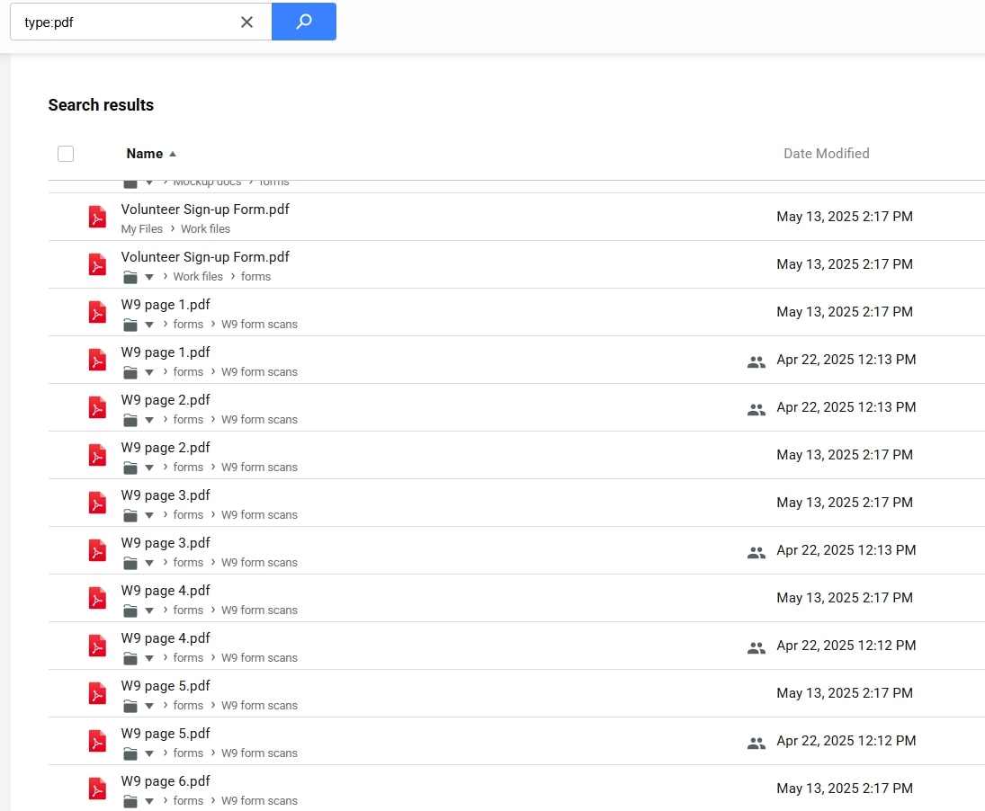 MobiDrive search results showing multiple PDF files after filtering by 'type:pdf'.