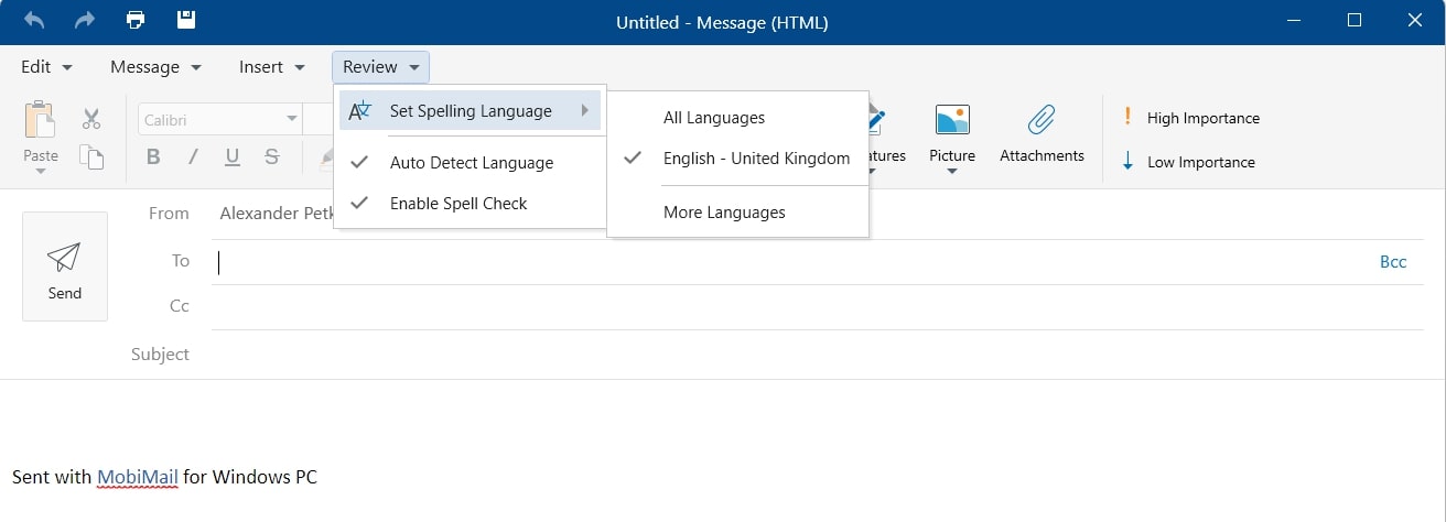 MobiMail email compose window with spelling language selection dropdown menu open showing English option.