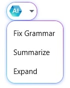 MobiOffice AI dropdown menu showing Fix Grammar, Summarize, and Expand options.
