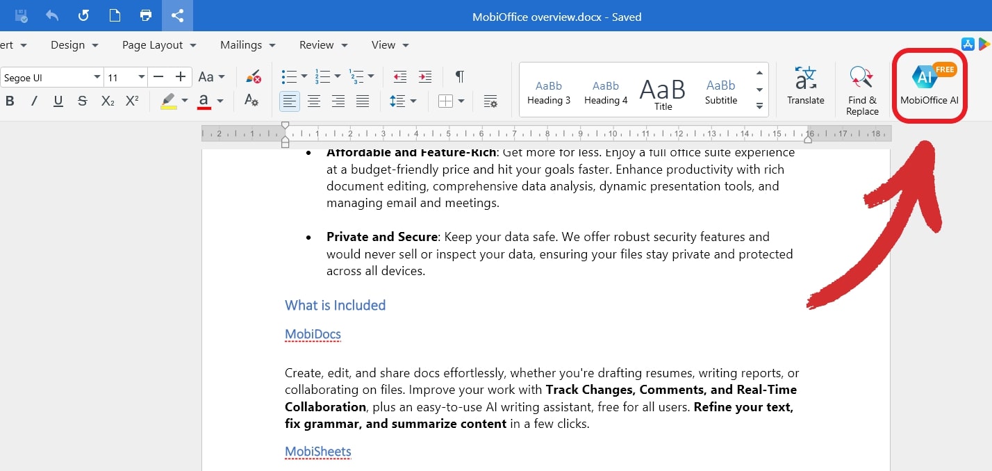MobiOffice document interface showing the AI assistant button highlighted with red arrow in the toolbar.