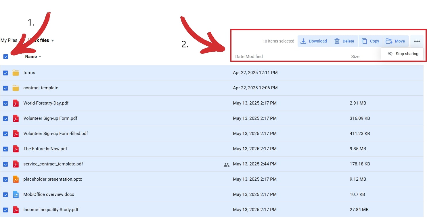MobiDrive interface showing selected files in the 'Work files' folder, with action options like 'Download', 'Delete', 'Copy', and 'Move' displayed.