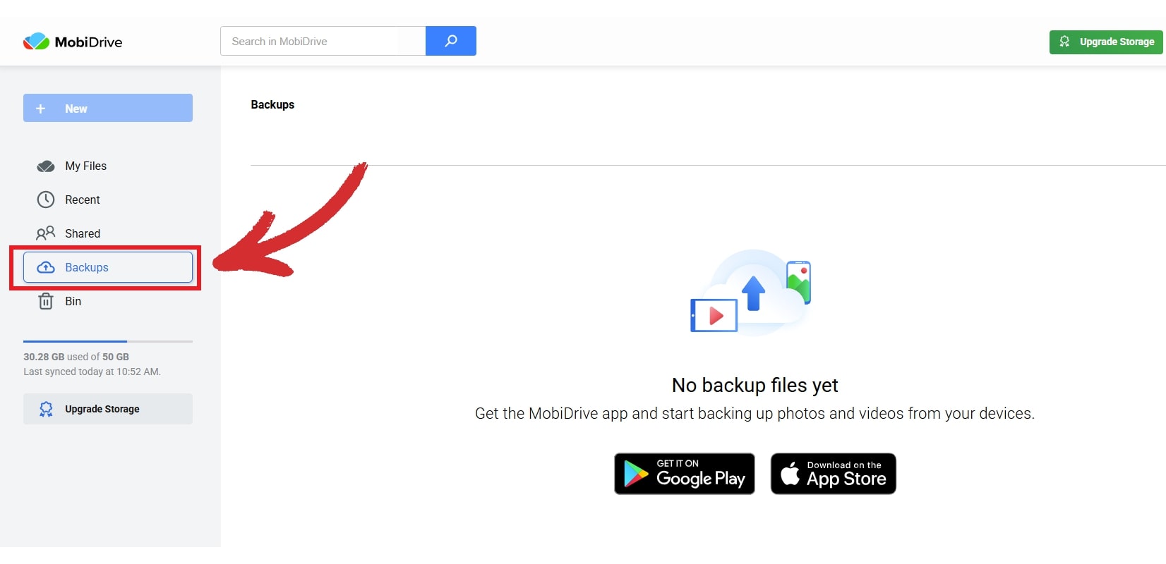 MobiDrive desktop interface showing the 'Backups' option selected in the left-hand navigation panel, indicating the backup section is displayed.
