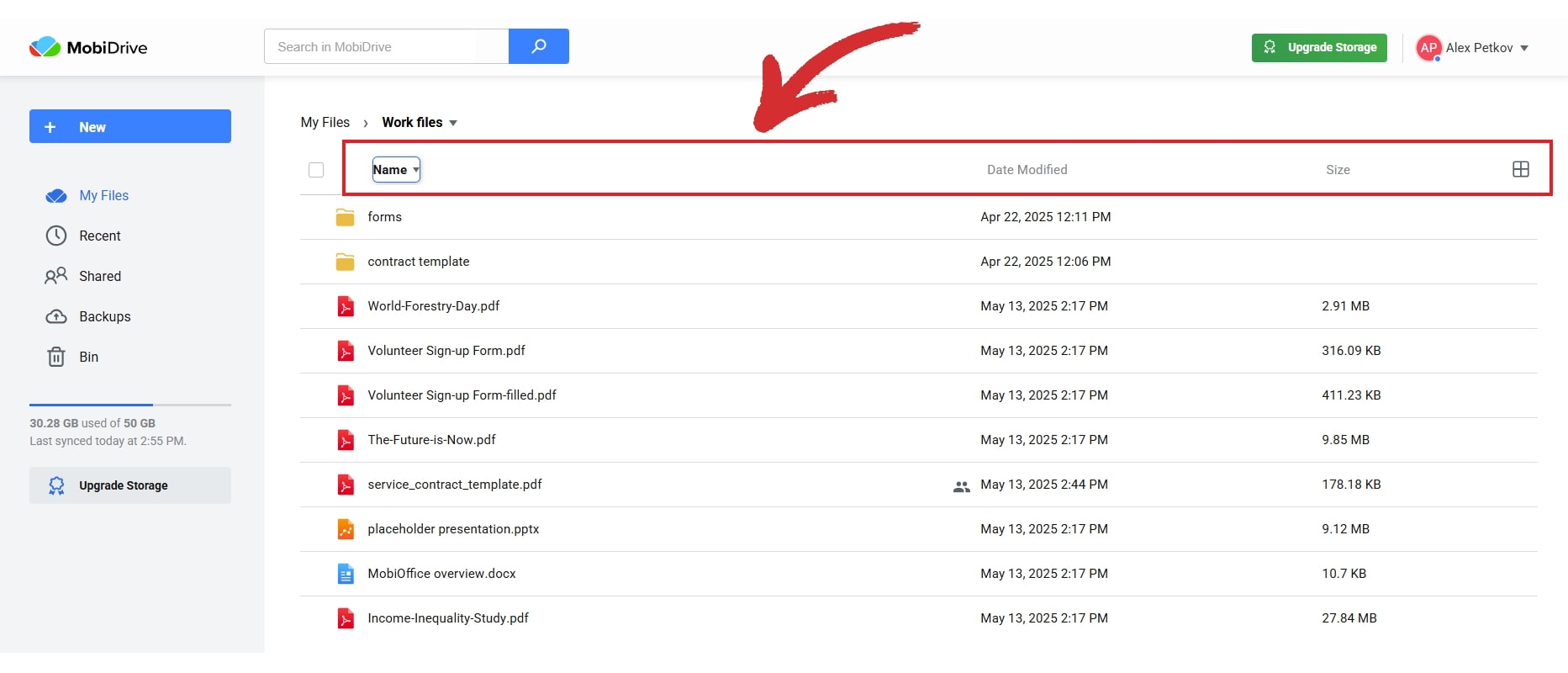List of files within the 'Work files' folder in the MobiDrive interface, sorted by 'Name' with columns for 'Date Modified' and 'Size'.