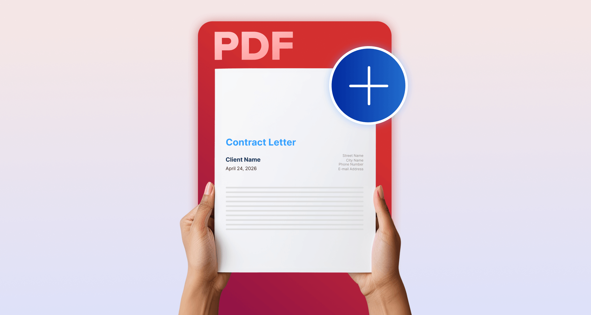 Hands holding a document in front of a PDF file icon with a plus symbol, representing adding pages to a PDF.