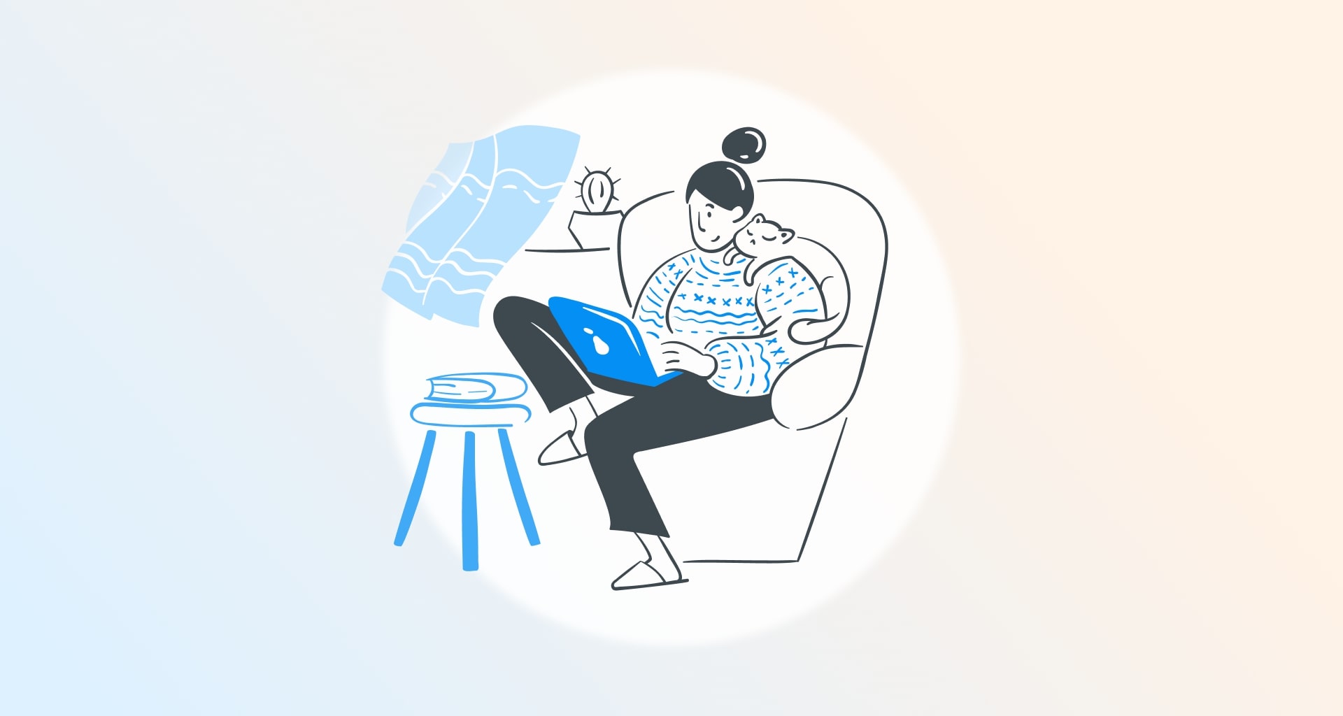Illustration of person in patterned sweater working on laptop with cat while sitting comfortably in armchair, representing remote work or digital lifestyle.