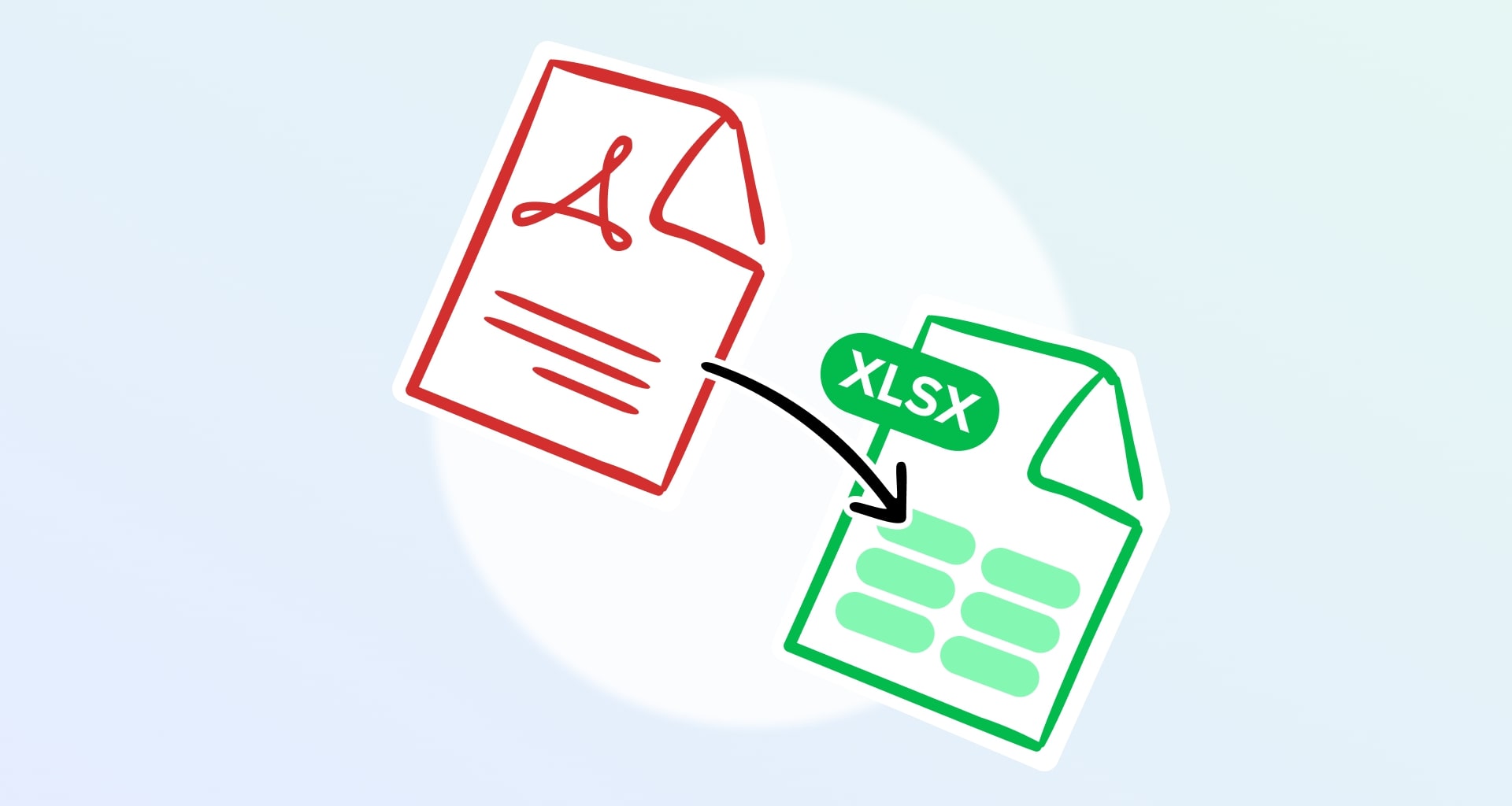 Illustration of a PDF file being converted to XLSX (Excel) format, indicating file conversion.