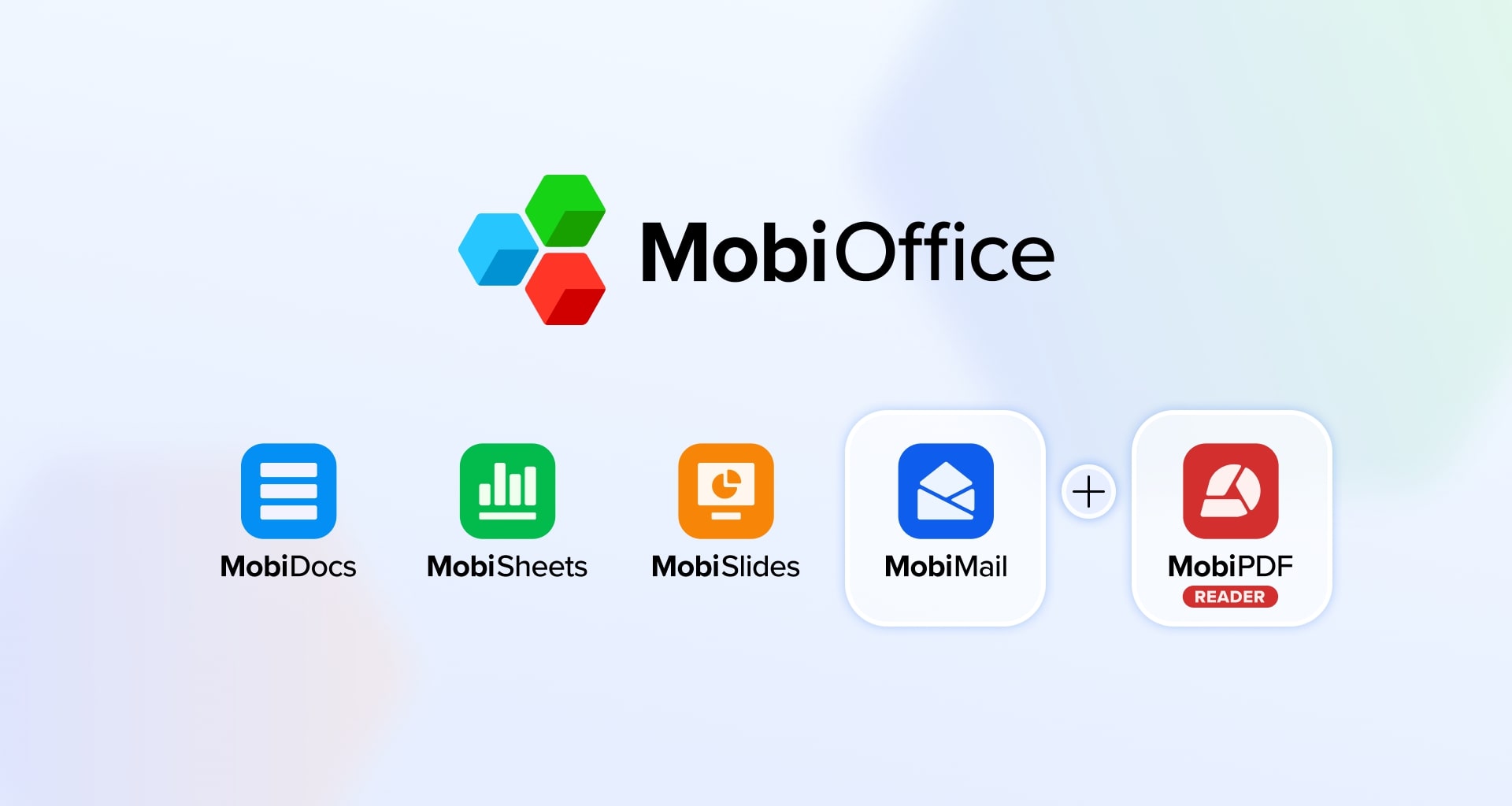 MobiOffice productivity suite logo with app icons for MobiDocs, MobiSheets, MobiSlides, MobiMail and MobiPDF Reader on light blue background.