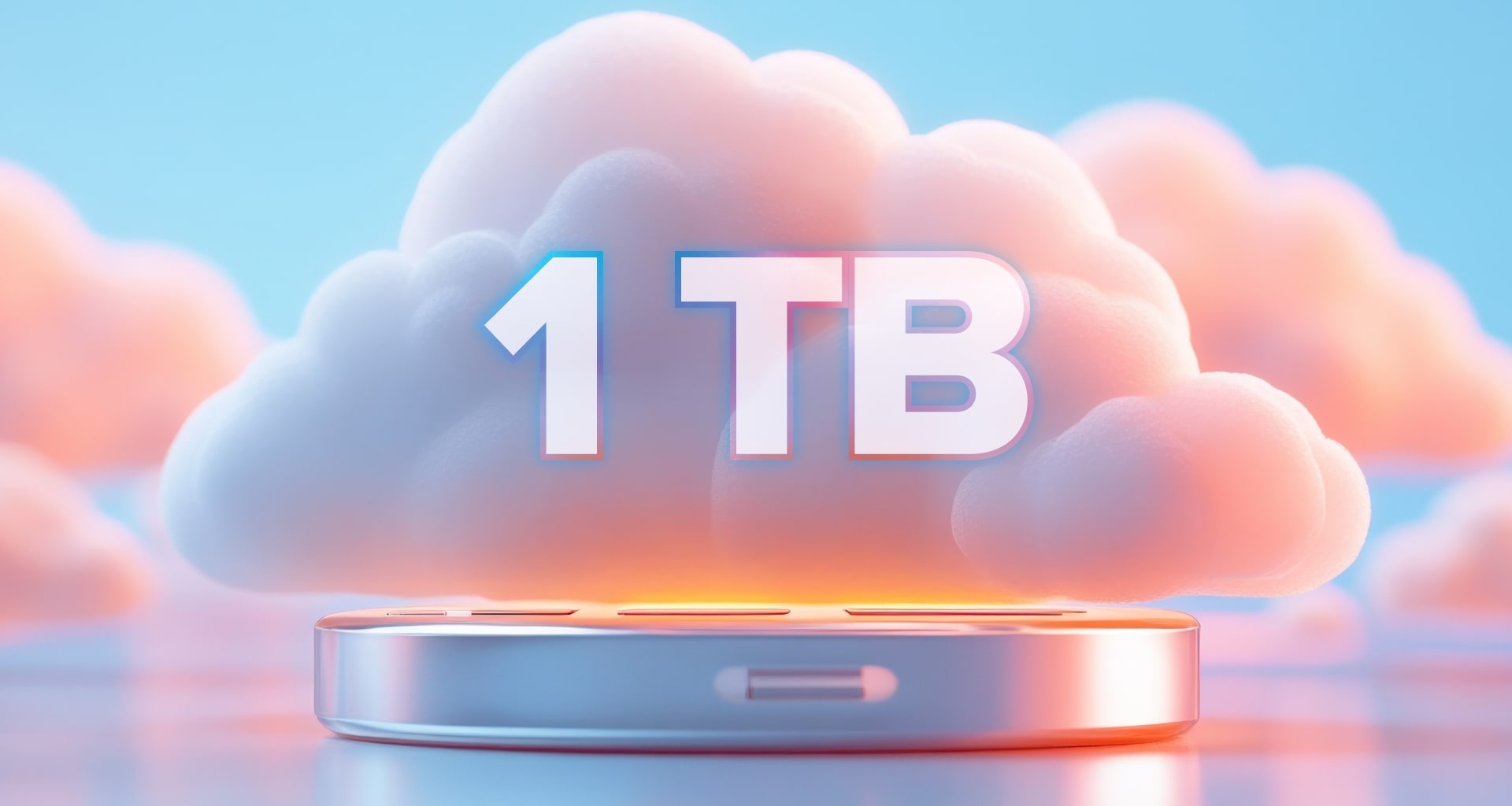 Cloud storage concept with text reading 1 TB above a device with fluffy pink clouds.