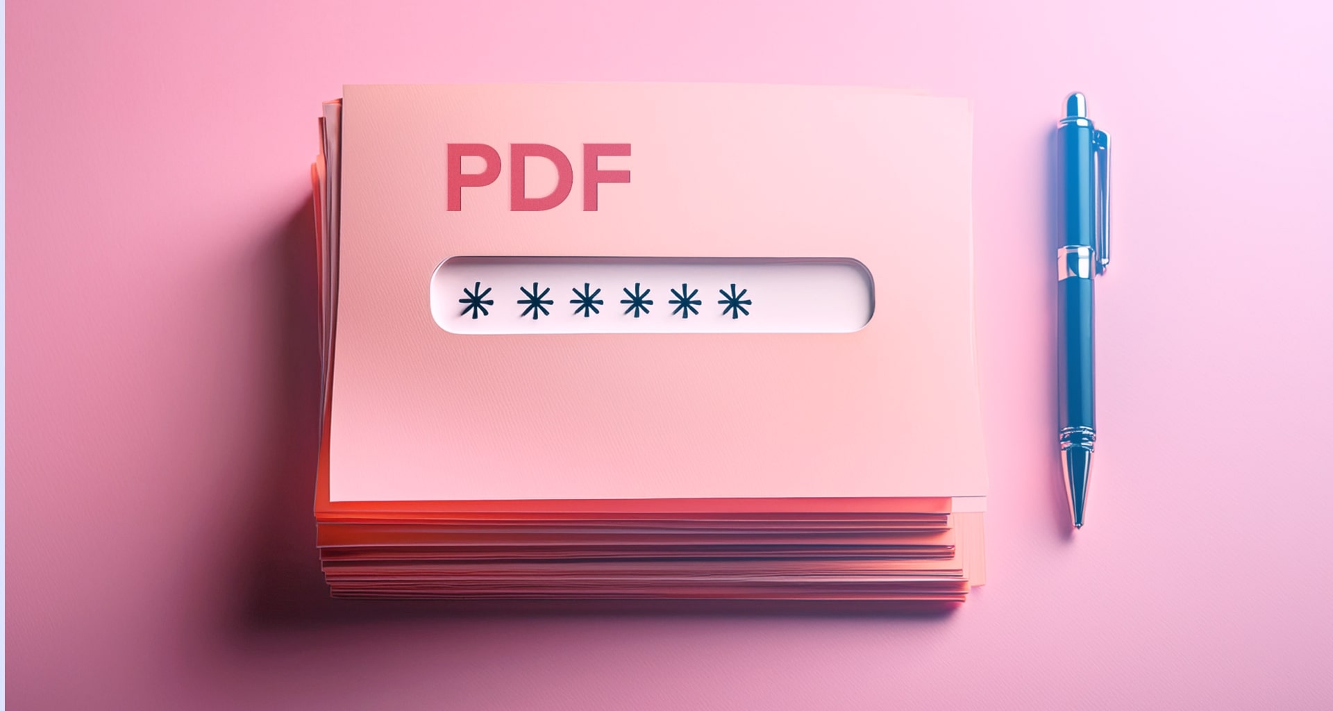 Pink PDF folder with password field and pen, signifying secure document encryption.