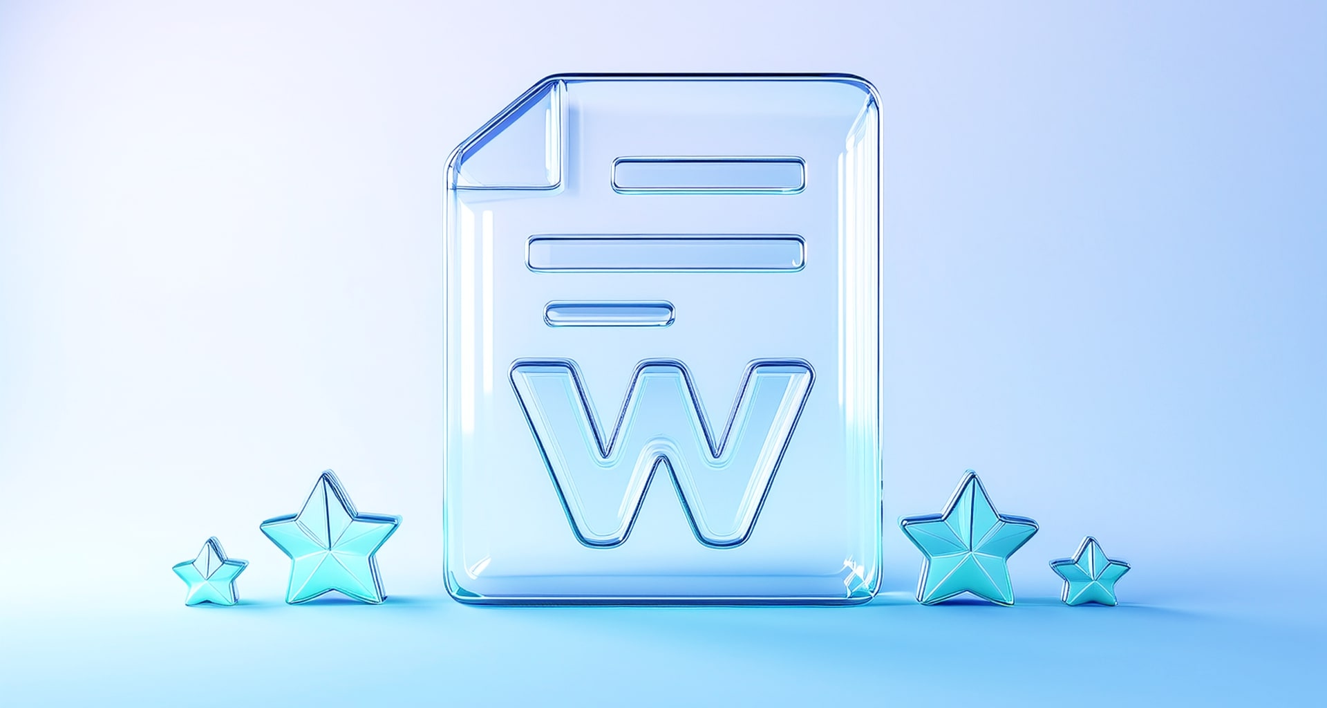 Blue transparent document icon with a large W symbol surrounded by decorative stars.