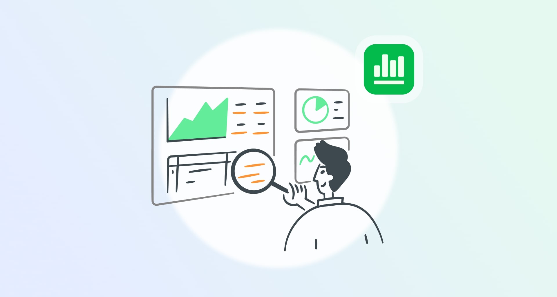 Illustration of a man reviewing charts and graphs for data analysis.