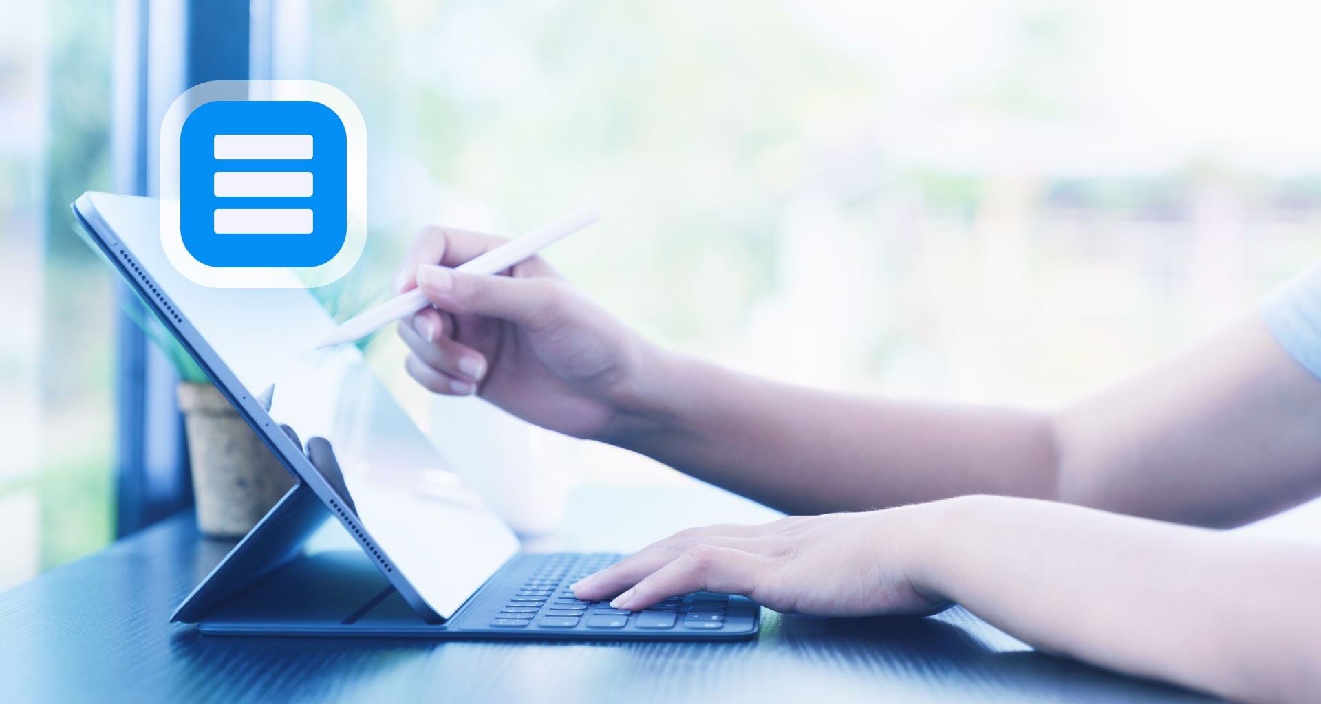 Person using tablet with stylus and keyboard attachment with MobiDocs icon overlay.