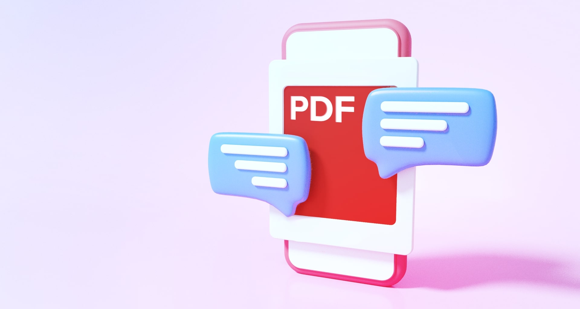3D illustration of a smartphone displaying a PDF icon with chat bubbles, representing PDF document communication.