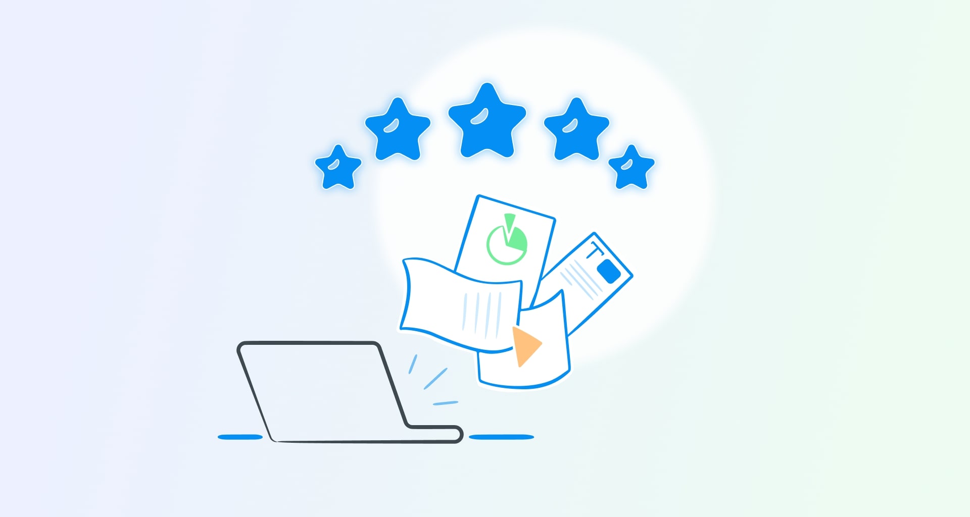 Illustrated laptop with floating documents and charts beneath five blue stars on light blue background representing online reviews and digital content quality ratings.