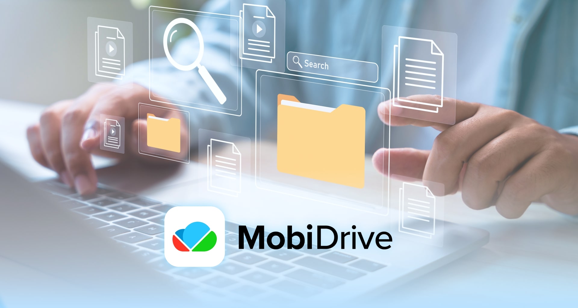 Person using laptop with MobiDrive cloud storage interface on screen.