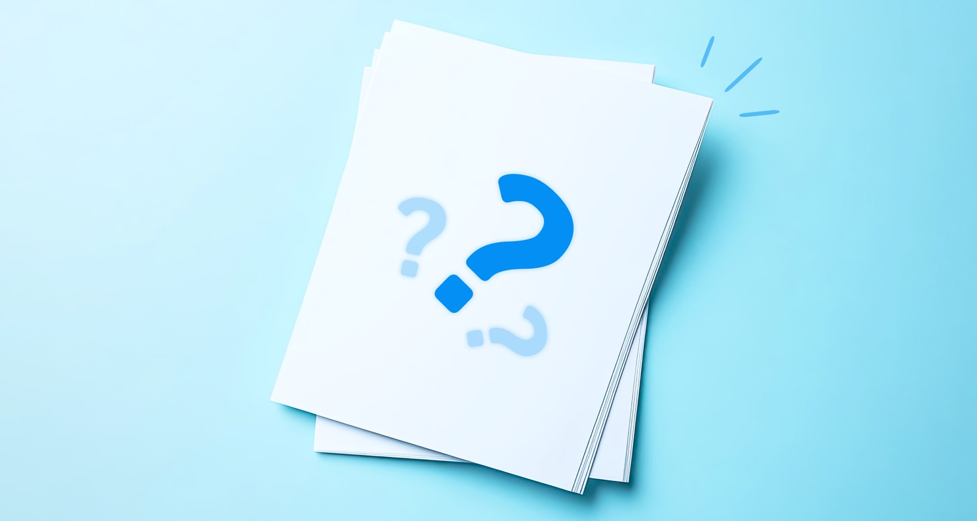 Stack of white papers with blue question mark symbol on light blue background representing a query.