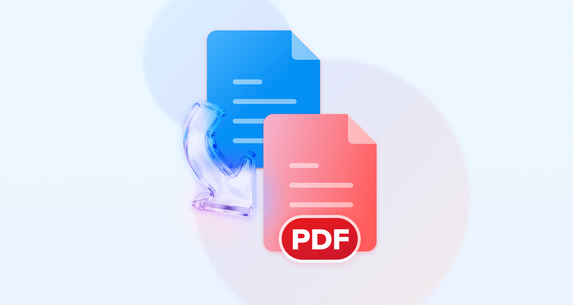 Illustration of a Google Docs file being converted into a PDF document with document icons and a curved arrow indicating export or save as PDF.