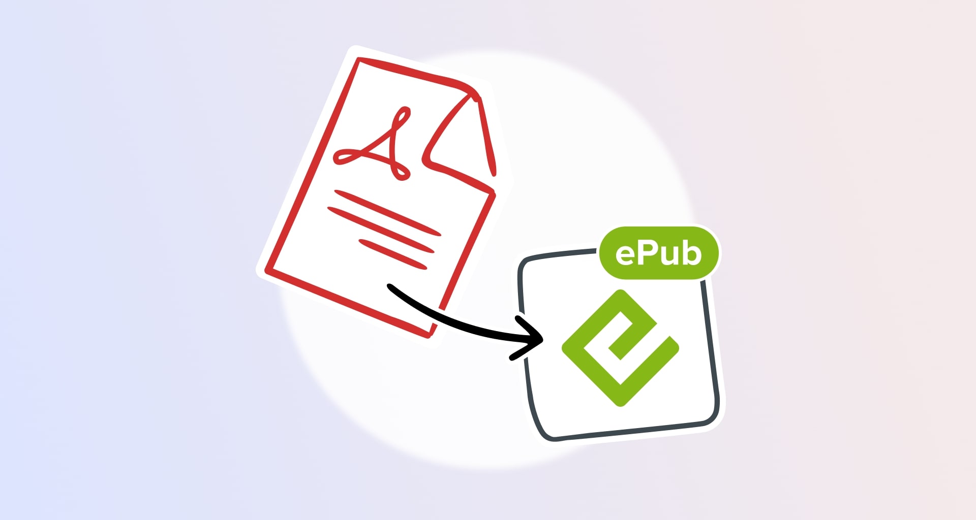 Illustration depicting a PDF document being converted to EPUB format, indicating file conversion.