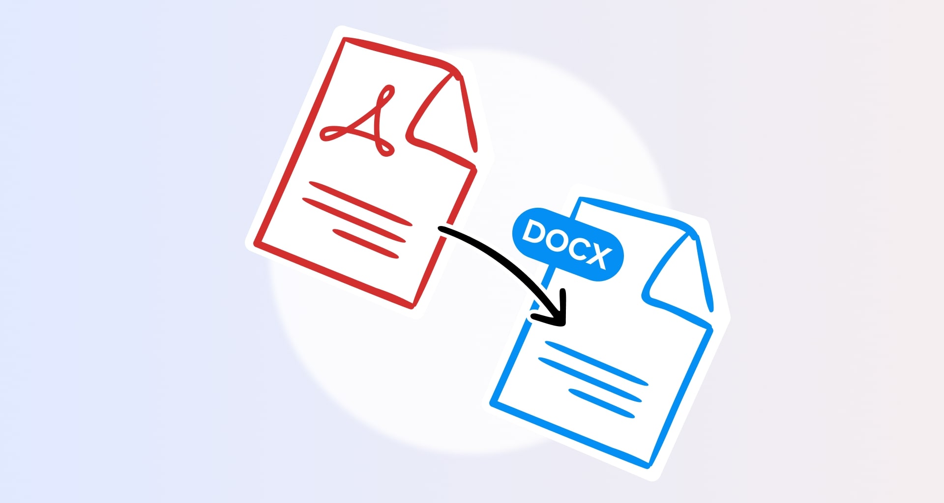 Illustration of a PDF document being converted to DOCX (Word) format, indicating file conversion.