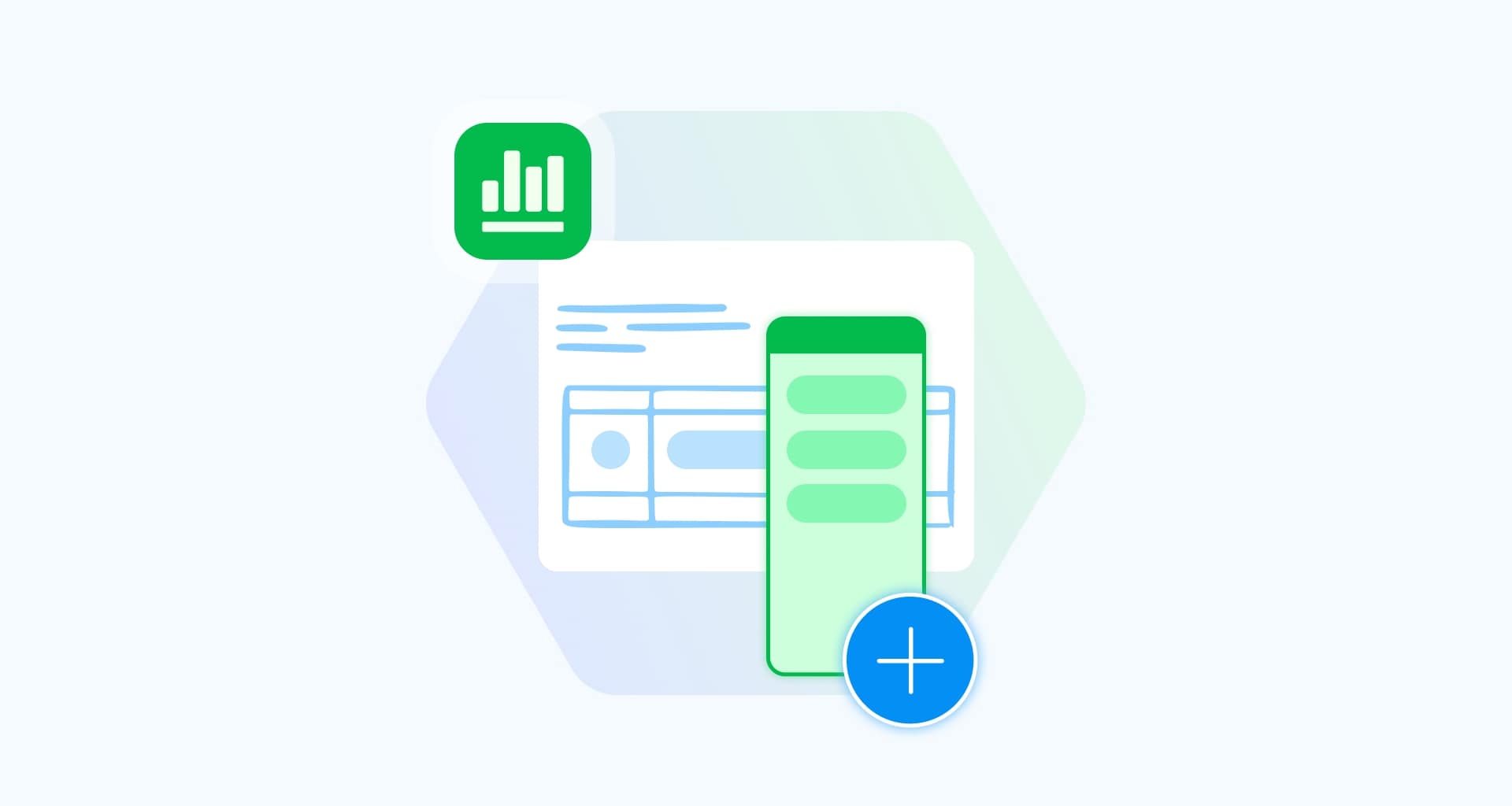 Data visualization app interface showing spreadsheet and mobile views with graph icons and plus button on hexagonal background.