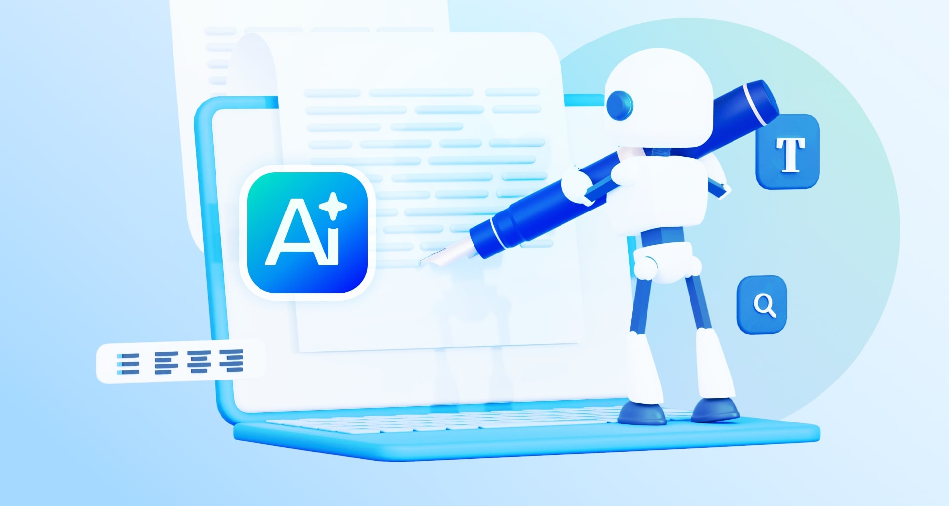 3D cartoon robot character writing on document with AI icon and laptop in blue gradient background.