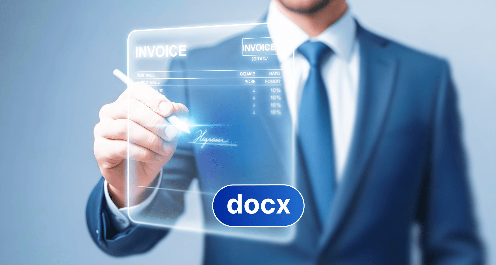 Business professional digitally signing an invoice on a futuristic interface, showcasing MobiPDF and MobiOffice with a .docx file.