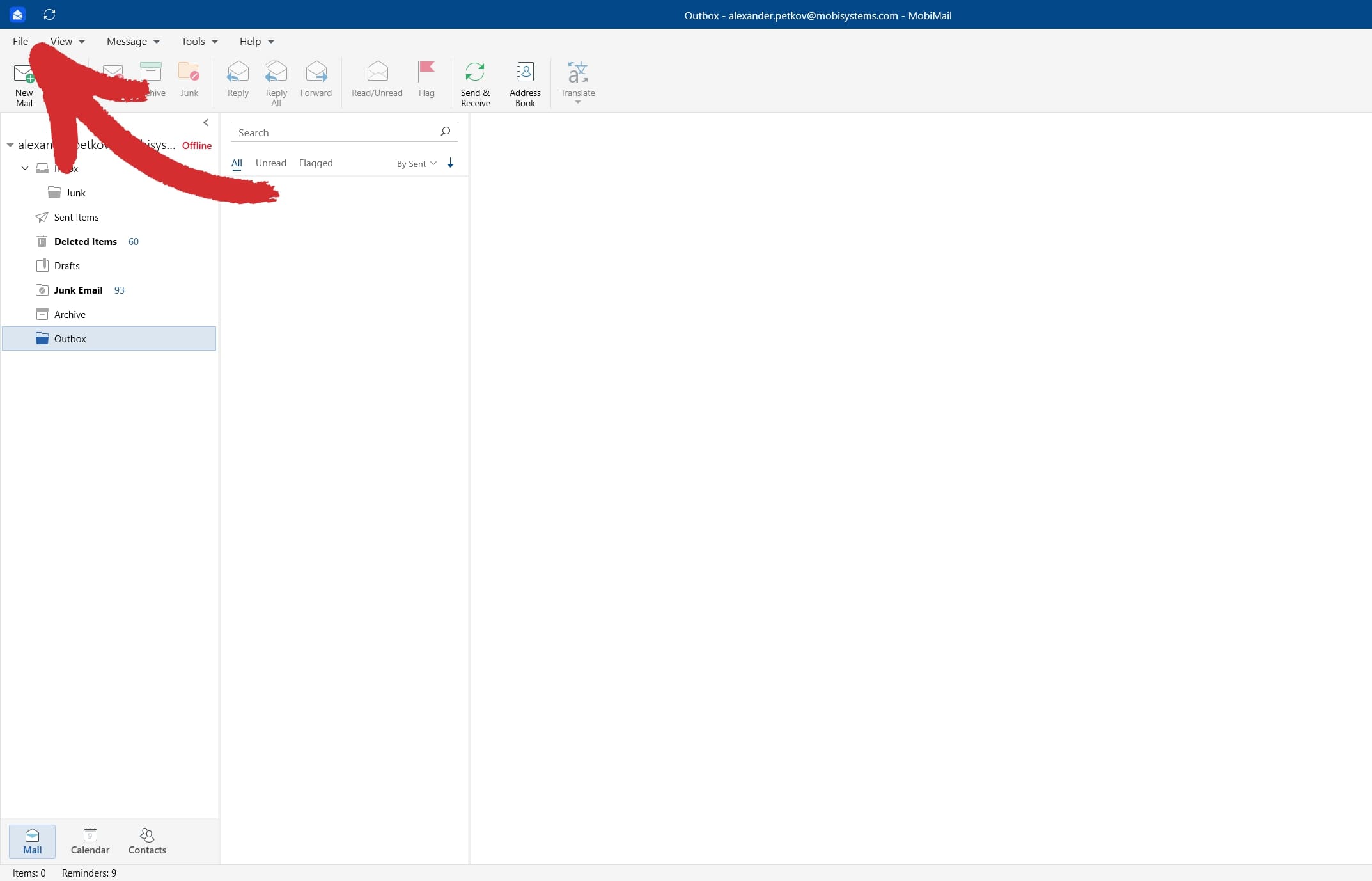 MobiMail desktop email client interface showing Outbox view with "File" menu highlighted by red arrow.