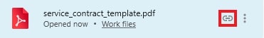 A PDF file icon and name, 'service_contract_template.pdf', in a list, with a highlighted link icon indicating it's a shared file.