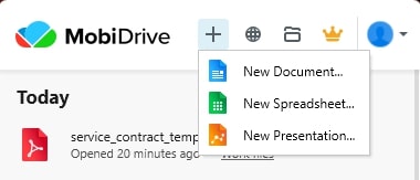 MobiDrive desktop interface showing a dropdown menu with options to create 'New Document', 'New Spreadsheet', or 'New Presentation' when clicking the '+' icon.