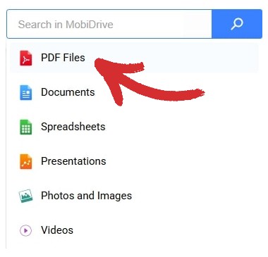 Dropdown menu in the MobiDrive search bar allowing filtering by file type, highlighting the 'PDF Files' option.