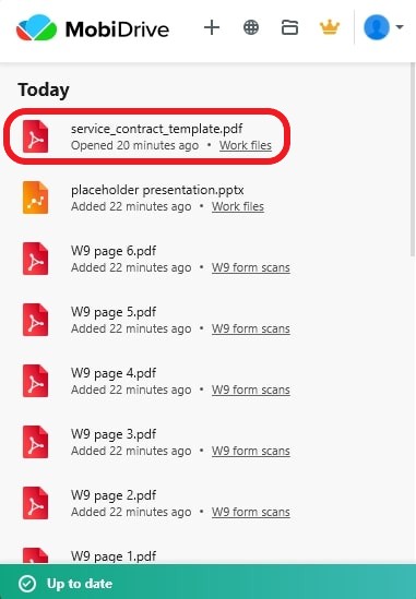 MobiDrive recent activity log displaying a recently opened PDF file named 'service_contract_template.pdf' located in the 'Work files' folder.