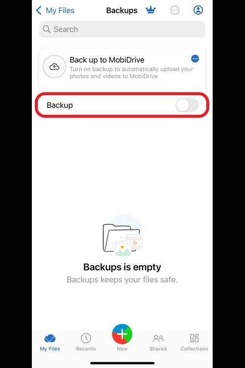 MobiDrive mobile app in the 'Backups' section showing the 'Backup' toggle switch highlighted, indicating the option to turn backup on or off.