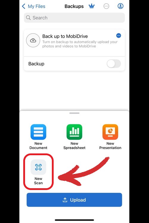 MobiDrive mobile app displaying a menu with options to create new file types, highlighting the 'New Scan' option.