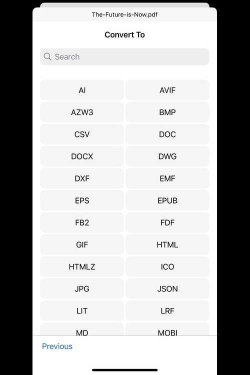 MobiDrive mobile app displaying a list of file formats that a document can be converted to.