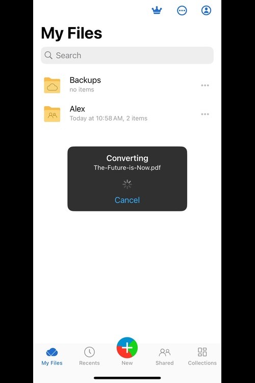 MobiDrive mobile app showing a loading screen indicating that a file named 'The-Future-is-Now.pdf' is being converted.