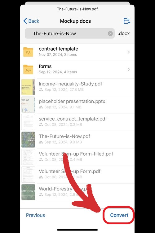 MobiDrive mobile app displaying a file list within the 'Mockup docs' folder and highlighting the 'Convert' button at the bottom.