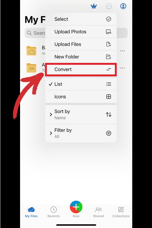 MobiDrive mobile app displaying a dropdown menu with file actions, highlighting the 'Convert' option.