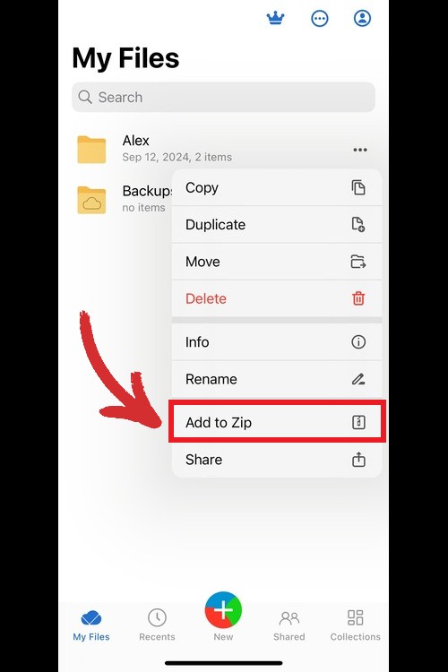 MobiDrive mobile app displaying a contextual menu for a folder, highlighting the 'Add to Zip' option.