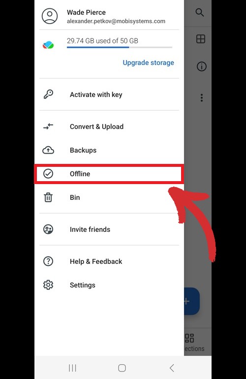 MobiDrive mobile app displaying the account menu, highlighting the 'Offline' option which shows a checkmark.