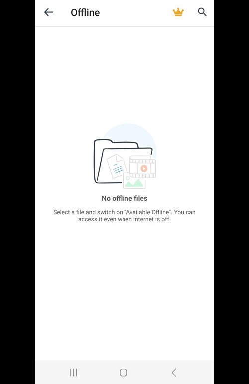 MobiDrive mobile app in the 'Offline' section, showing an empty list and a message indicating "No offline files" are available.