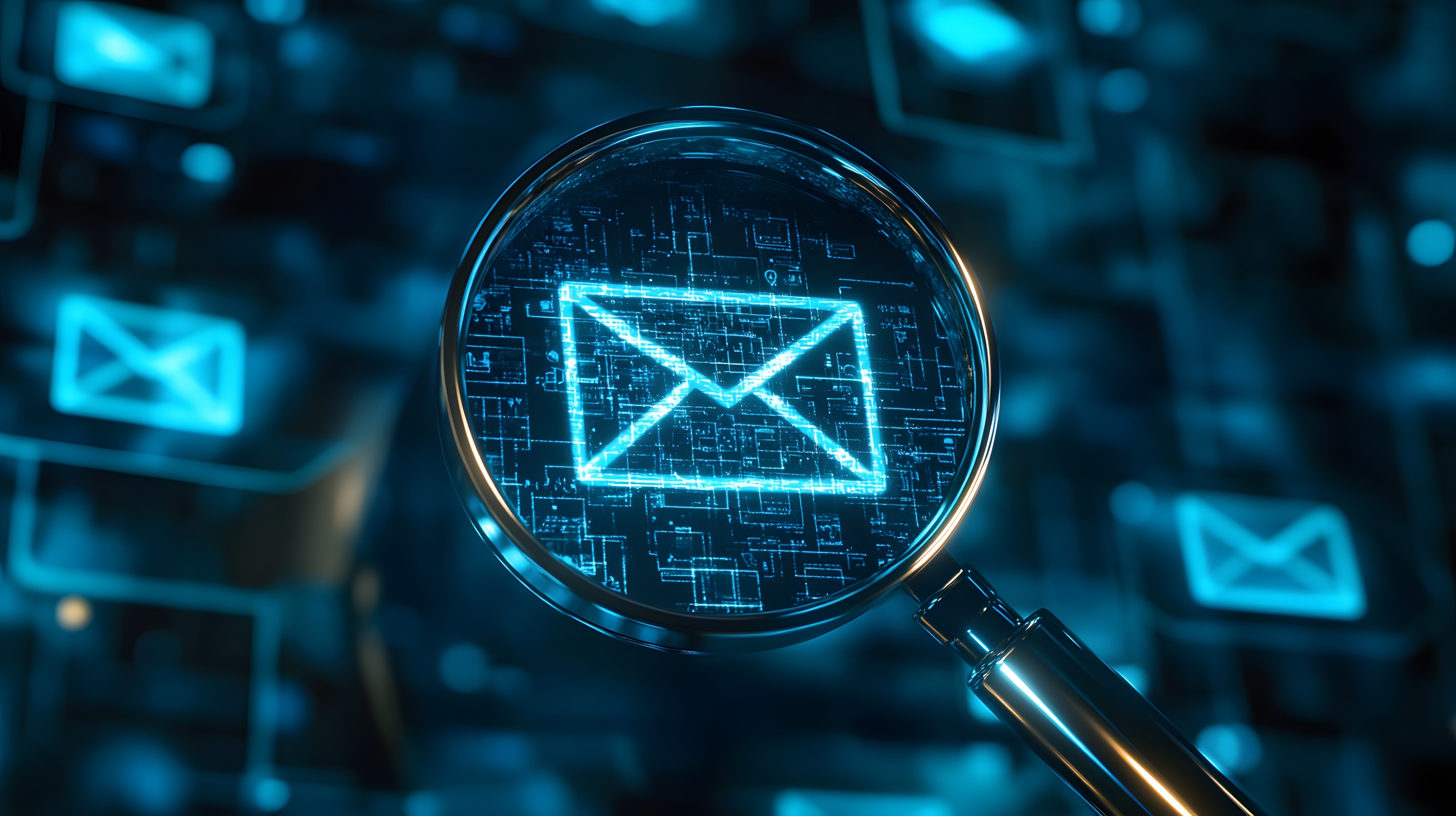 Digital concept image of email icon in magnifying glass with blue technology background.