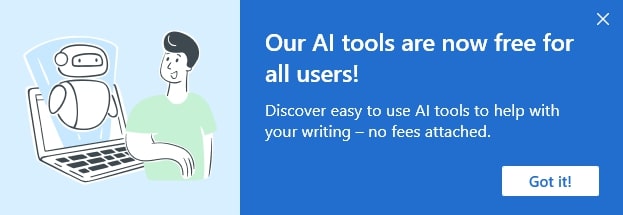 MobiOffice free AI tools promotional banner with robot illustration and text highlighting writing enhancement features.