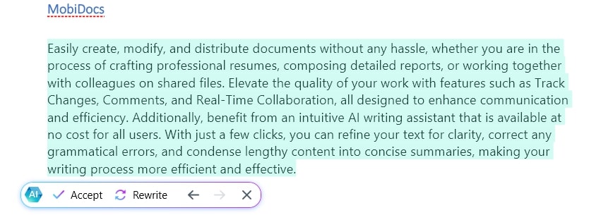 MobiDocs product description with AI assistant control panel showing Accept and Rewrite buttons.