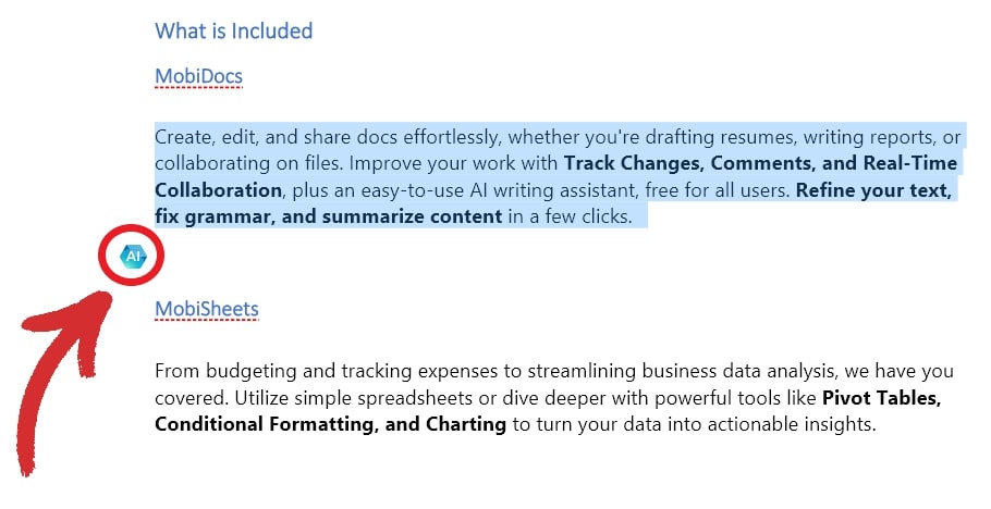 MobiOffice product features section showing AI writing assistant icon circled in red next to MobiDocs and MobiSheets descriptions.
